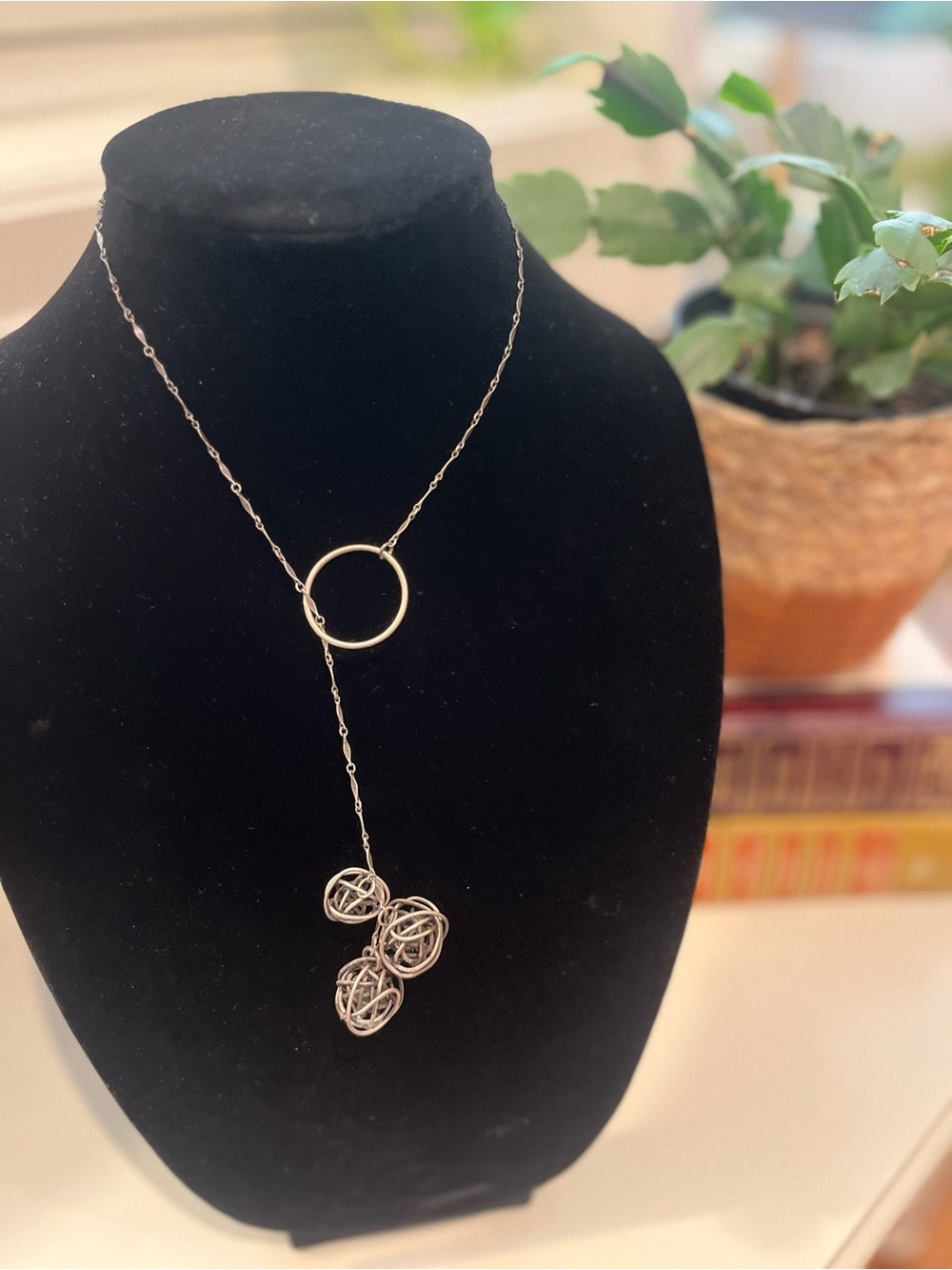 Artisan Silver Lariat Necklace with Orb Pendants